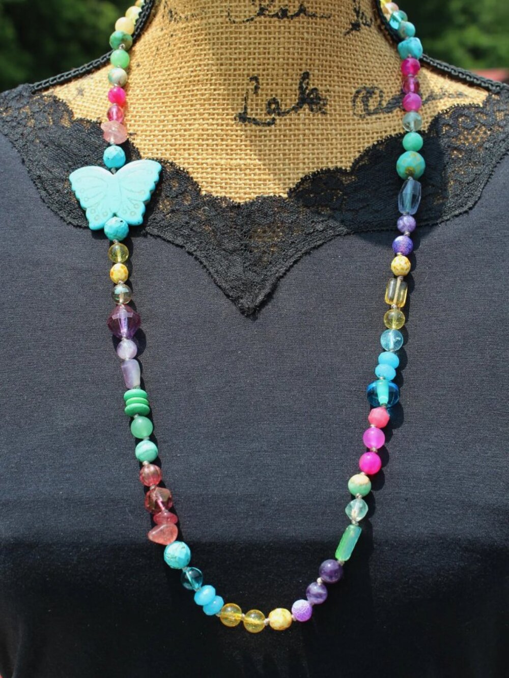 Long Rainbow Bohemian Gemstone Jewelry Butterfly Necklace